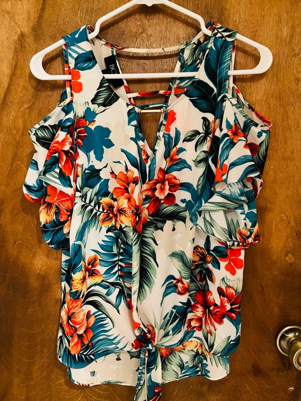 BCX White Tropical Floral Cold-Shoulder Tie-Front Blouse